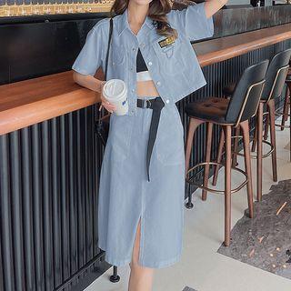 Set: Elbow-sleeve Shirt + Belted Midi Skirt