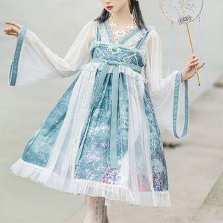 Flared-sleeve Ruffle Blouse / Printed Overall Dress / Necklace / Brooch / Set