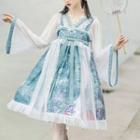 Flared-sleeve Ruffle Blouse / Printed Overall Dress / Necklace / Brooch / Set