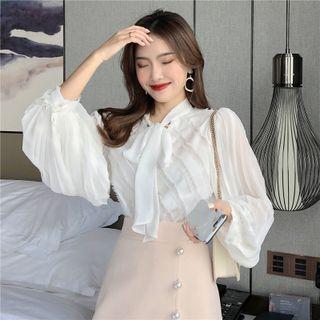 Balloon-sleeve Ribbon Tie-neck Blouse