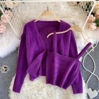 Set Of 2 : Long-sleeve Cardigan + Plain Cropped Suspender Top
