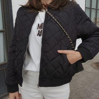 Zip-up Quilted Flight Jacket With Scarf Black - One Size