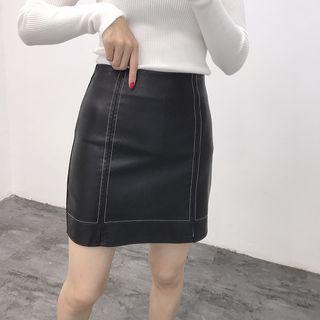 Faux Leather Contrast Stitching Mini Pencil Skirt