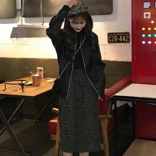 Faux Leather Zip Jacket / Leopard Print Straight Fit Midi Skirt