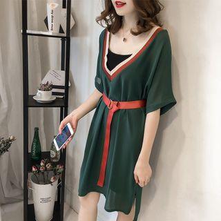 Set: V-neck Elbow-sleeve Chiffon Dress + Strappy Dress + Belt