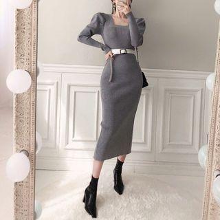 Square-neck Puff-shoulder Rib-knit Dress