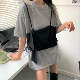 Set: Loose-fit Short Sleeve Plain T-shirt + Plain Camisole Top Gray - One Size