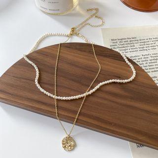 Disc Pendant Faux Pearl Layered Necklace Pearl Necklace - White - One Size