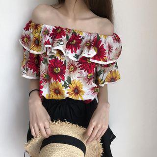 Flower Print Off-shoulder Ruffle Top