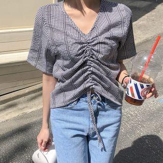 Drawstring-front Gingham Top