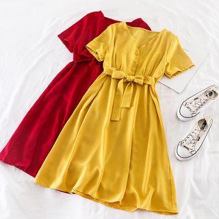 V-neck Short-sleeve Chiffon Midi Dress