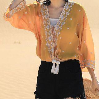 Embroidered Tassel 3/4-sleeve Chiffon Top Curcumin - One Size