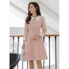 Contrast-collar Lace-trim Tweed Dress