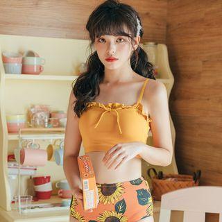 Set: Spaghetti-strap Swim Top + Flower Print Swim Skirt + Bottom