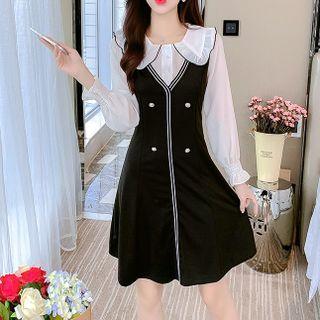 Double-breasted Two Tone Mock Two-piece Dress