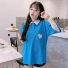 Elbow-sleeve Heart Embroidered Polo Shirt