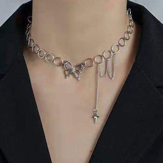 Butterfly Pendant Chain Choker Silver - One Size