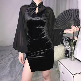 Mesh-sleeve Velvet Sheath Dress