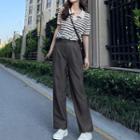Short-sleeve Striped Polo Shirt / Wide Leg Dress Pants