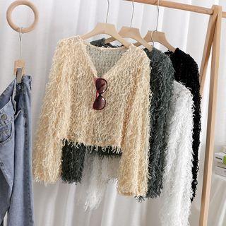 V-neck Plain Tassel Long-sleeve Top