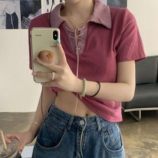 Color Block Lace Up Polo Shirt