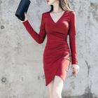 Long-sleeve Plain V-neck Slim-fit Dress