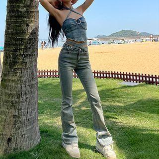 Denim Cropped Halter Top / Bootcut Jeans