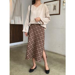 Band-waist Long Plaid Skirt