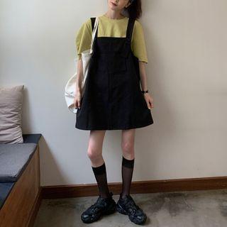 Elbow-sleeve Plain T-shirt / Mini Overall Dress