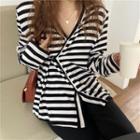 Long-sleeve Striped V-neck Top As Shown In Figure - One Size