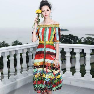 Elbow-sleeve Off Shoulder Printed Midi Dress