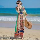 V-neck Printed 3/4-sleeve Maxi Dress