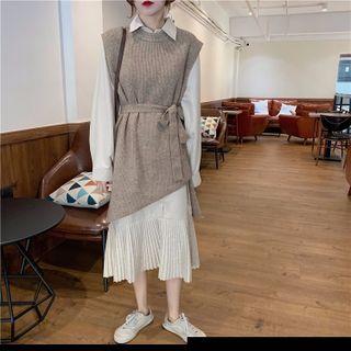 Long-sleeve Shirtdress / Tie-waist Long Knit Vest