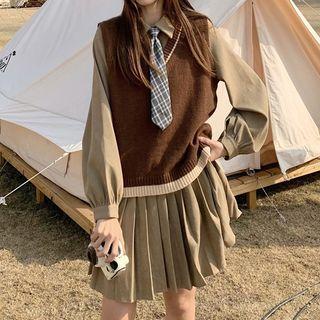 Tie Neck Mini A-line Pleated Shirt Dress / Knit Vest