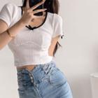 Contrasted Ribbon-accent Crop T-shirt In 5 Colors