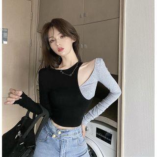 Cut Out Long-sleeve T-shirt Black & Gray - One Size