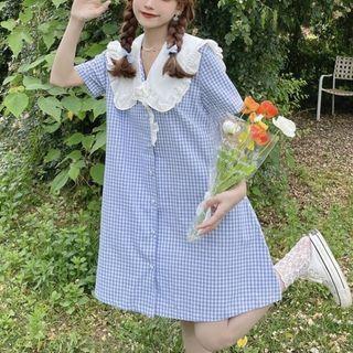 Short-sleeve Collar Plaid Mini Dress