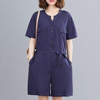 Short-sleeve Linen Blend Wide-leg Playsuit