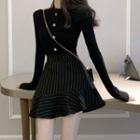 Mock-neck Button-up Knit Top / Striped Mini Skirt