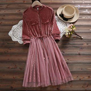 Mesh Overlay A-line Velvet Dress