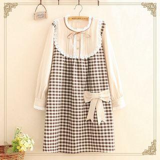 Bow-detail Check Panel Long-sleeve Dress