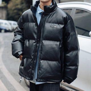 Lettering Print Faux Leather Padding Jacket