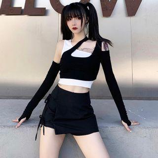 Set: Long-sleeve Cold-shoulder Crop Top + Crop Tank Top