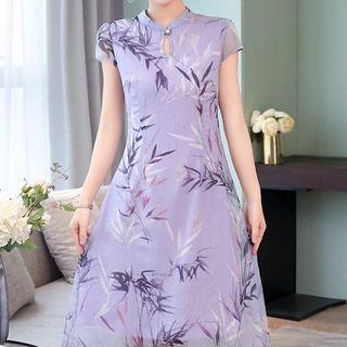Print Cap-sleeve Mandarin Collar Chiffon Dress