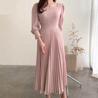 Square-neck Accordion Pleated Midi A-line Dress