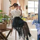 Set: Letter Print T-shirt + Maxi Lace Skirt Black - One Size