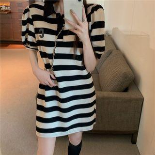 Short-sleeve Collar Striped Mini T-shirt Dress Stripes - Black & White - One Size