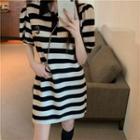 Short-sleeve Collar Striped Mini T-shirt Dress Stripes - Black & White - One Size