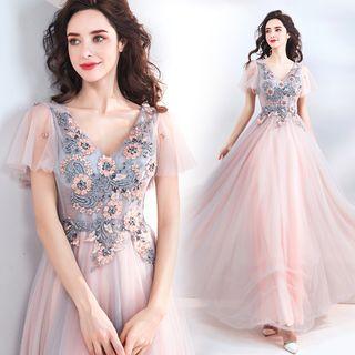 Flutter Sleeve Embroidered Evening Gown
