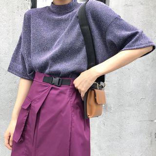 Glittered Loose-fit Short-sleeve T-shirt Purple - One Size